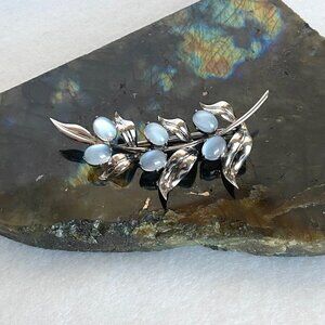 Sterling Silver 925 WRE Moonstone Glass Cabochon Leaf Floral Brooch Pin